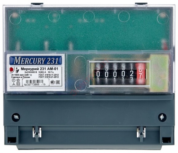 Электросчетчик Меркурий 231 АМ-01 Инкотекс трехфазный однотарифный 3230/400В 5(60)А класс точности 1,0 Имп. выход ОУ DIN