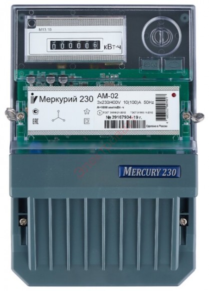 Электросчетчик Меркурий 230 АМ-02 Инкотекс трехфазный однотарифный 3х230/400В 10(100)А класс точности 1,0 3 винта