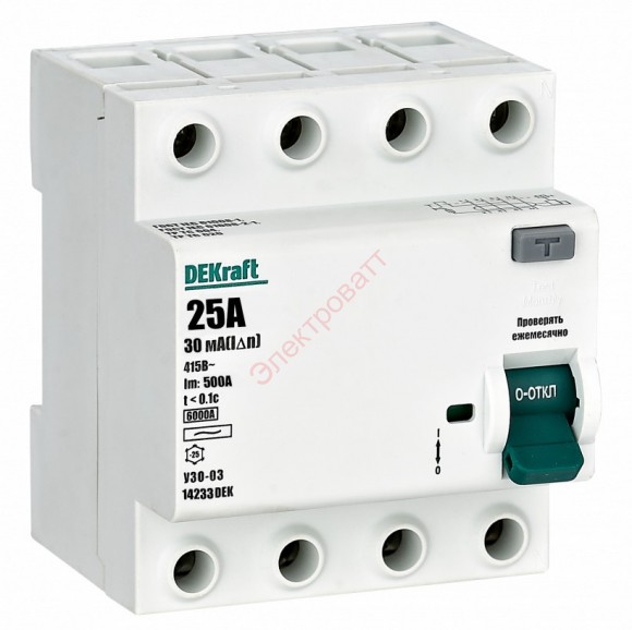 УЗО-03 4P 25А 30мА тип AC 6кА Выключатель дифференциального тока DEKraft