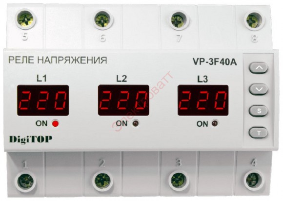 Трехфазное реле контроля напряжения Vp-3F40A перекоса/чередования/пропадания фаз ток нагрузки 40А DigiTOP
