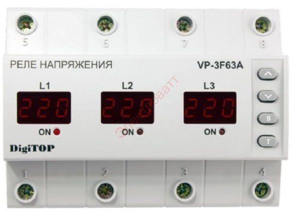 Трехфазное реле контроля напряжения Vp-3F63A перекоса/чередования/пропадания фаз ток нагрузки 63А DigiTOP 