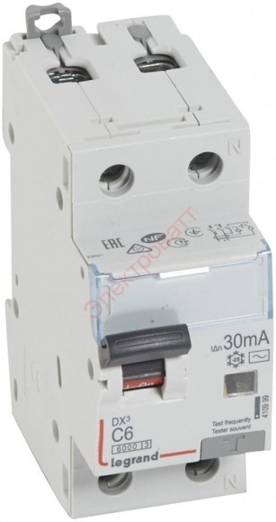 Дифавтомат DX3 АВДТ 1П+Н C6А 30MA AC Legrand 410999 автоматический выключатель дифференциального тока 