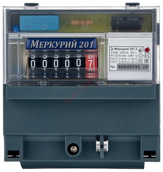 Электросчетчик Меркурий 201.5 5-60А 230В на DIN-рейку однофазный однотарифный табло-механика