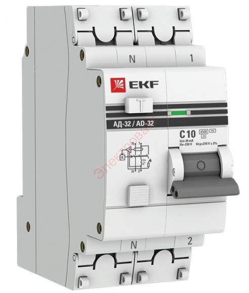Дифавтомат АД-32 1P+N 10А/30мА (хар. C, AC, электронный, защита 270В) 4,5кА дифференциальный автомат EKF PROxim