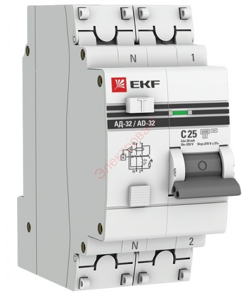 Дифавтомат АД-32 1P+N 25А/30мА (хар. C, AC, электронный, защита 270В) 4,5кА дифференциальный автомат EKF PROxim