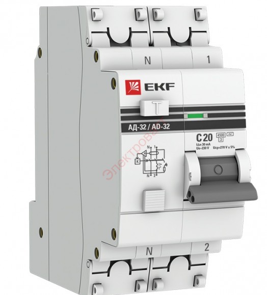 Дифавтомат АД-32 1P+N 20А/30мА (хар. C, AC, электронный, защита 270В) 4,5кА дифференциальный автомат EKF PROxim 1