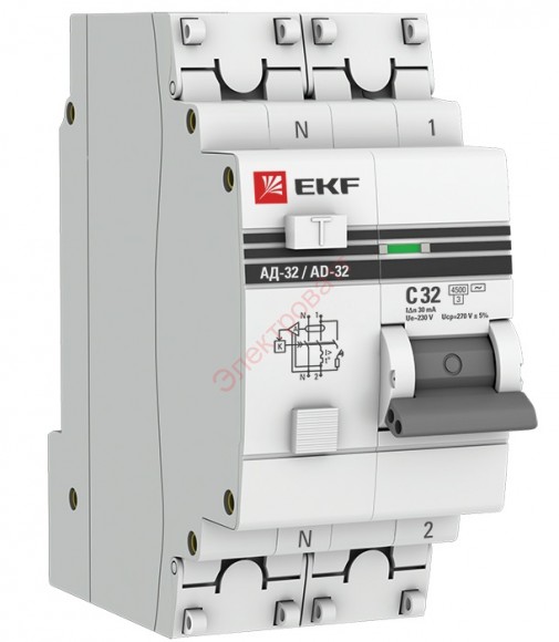 Дифавтомат АД-32 1P+N 32А/30мА (хар. C, AC, электронный, защита 270В) 4,5кА дифференциальный автомат EKF PROxim