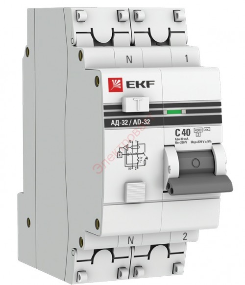 Дифавтомат АД-32 1P+N 40А/30мА (хар. C, AC, электронный, защита 270В) 4,5кА дифференциальный автомат EKF PROxim