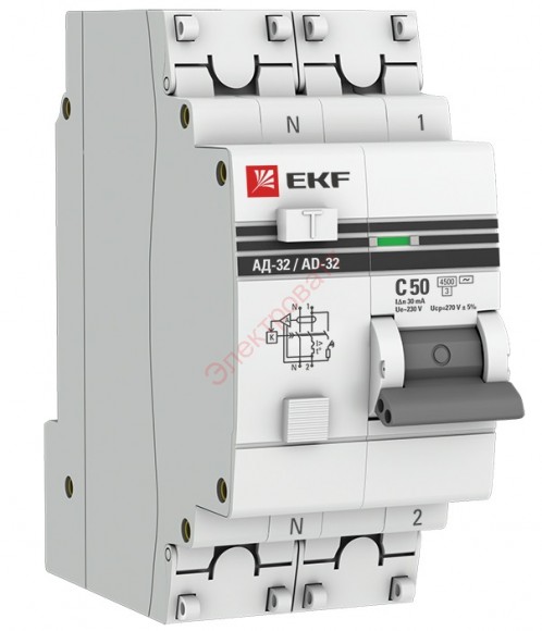 Дифавтомат АД-32 1P+N 50А/30мА (хар. C, AC, электронный, защита 270В) 4,5кА дифференциальный автомат EKF PROxim