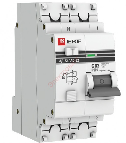 Дифавтомат АД-32 1P+N 63А/30мА (хар. C, AC, электронный, защита 270В) 4,5кА дифференциальный автомат EKF PROxim