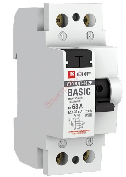 УЗО ВДТ- 40 2P 63А 30мА устройство защитного отключения (электронное) тип АС EKF Basic