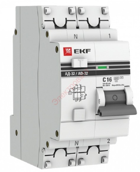Дифавтомат АД-32 1P+N 16А/30мА (хар. C, AC, электронный, защита 270В) 4,5кА дифференциальный автомат EKF PROxim