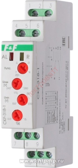 Реле контроля фаз CKF-318-1 контроль чередования, слипания фаз , контроль верхнего и нижнего значения напряжения, регулировка задержки отключения, 1 модуль, монтаж на DIN-рейке F&F