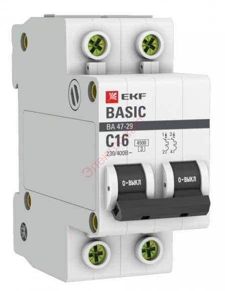 Автоматический выключатель 2P 16А (C) 4,5кА ВА 47-29 EKF Basic (автомат)