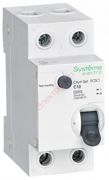 Дифавтомат Systeme Electric City9 Set 1П+Н 10А 30мА C тип AC 4,5кА 2 модуля АВДТ дифференциальный автомат