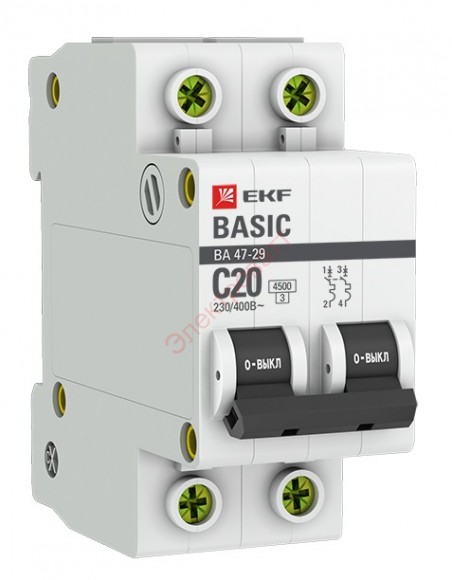 Автоматический выключатель 2P 20А (C) 4,5кА ВА 47-29 EKF Basic (автомат)