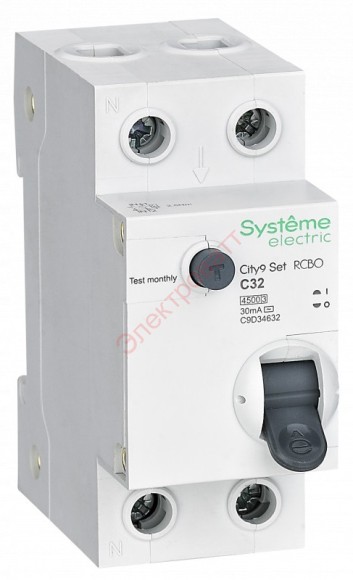 Дифавтомат Systeme Electric City9 Set 1П+Н 32А 30мА C тип AC 4,5кА 2 модуля АВДТ дифференциальный автомат