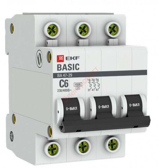 Автоматический выключатель 3P 6А (C) 4,5кА ВА 47-29 EKF Basic (автомат)