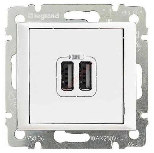 Розетка USB 2-ая Legrand Valena 770470 зарядка 2400mA тип А-A белая