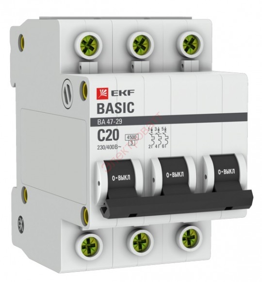 Автоматический выключатель 3P 20А (C) 4,5кА ВА 47-29 EKF Basic (автомат)