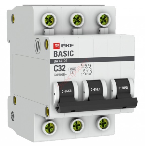 Автоматический выключатель 3P 32А (C) 4,5кА ВА 47-29 EKF Basic (автомат)