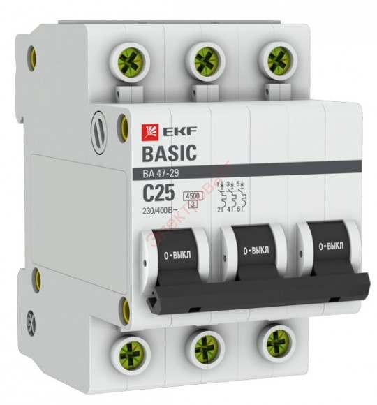 Автоматический выключатель 3P 25А (C) 4,5кА ВА 47-29 EKF Basic (автомат)