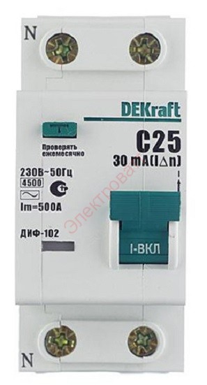 ДИФ102-1N-025А-030-C 16005DEK 25А 30 мА 1P+N тип AC (С) 4,5кА дифференциальный автоматический выключатель DEKraft 