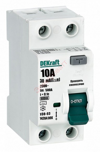 УЗО-03 2P 10А 30мА тип AC 6кА Выключатель дифференциального тока DEKraft