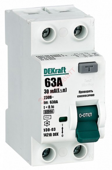 УЗО-03 2P 63А 30мА тип AC 6кА Выключатель дифференциального тока DEKraft 