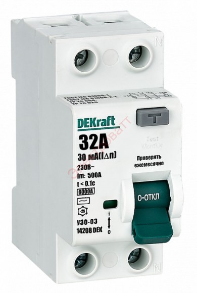 УЗО-03 2P 32А 30мА тип AC 6кА Выключатель дифференциального тока DEKraft
