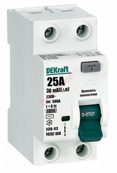 УЗО-03 2P 25А 30мА тип AC 6кА Выключатель дифференциального тока DEKraft