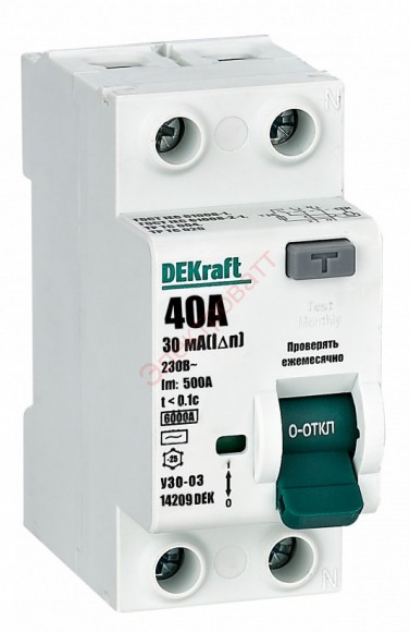 УЗО-03 2P 40А 30мА тип AC 6кА Выключатель дифференциального тока DEKraft